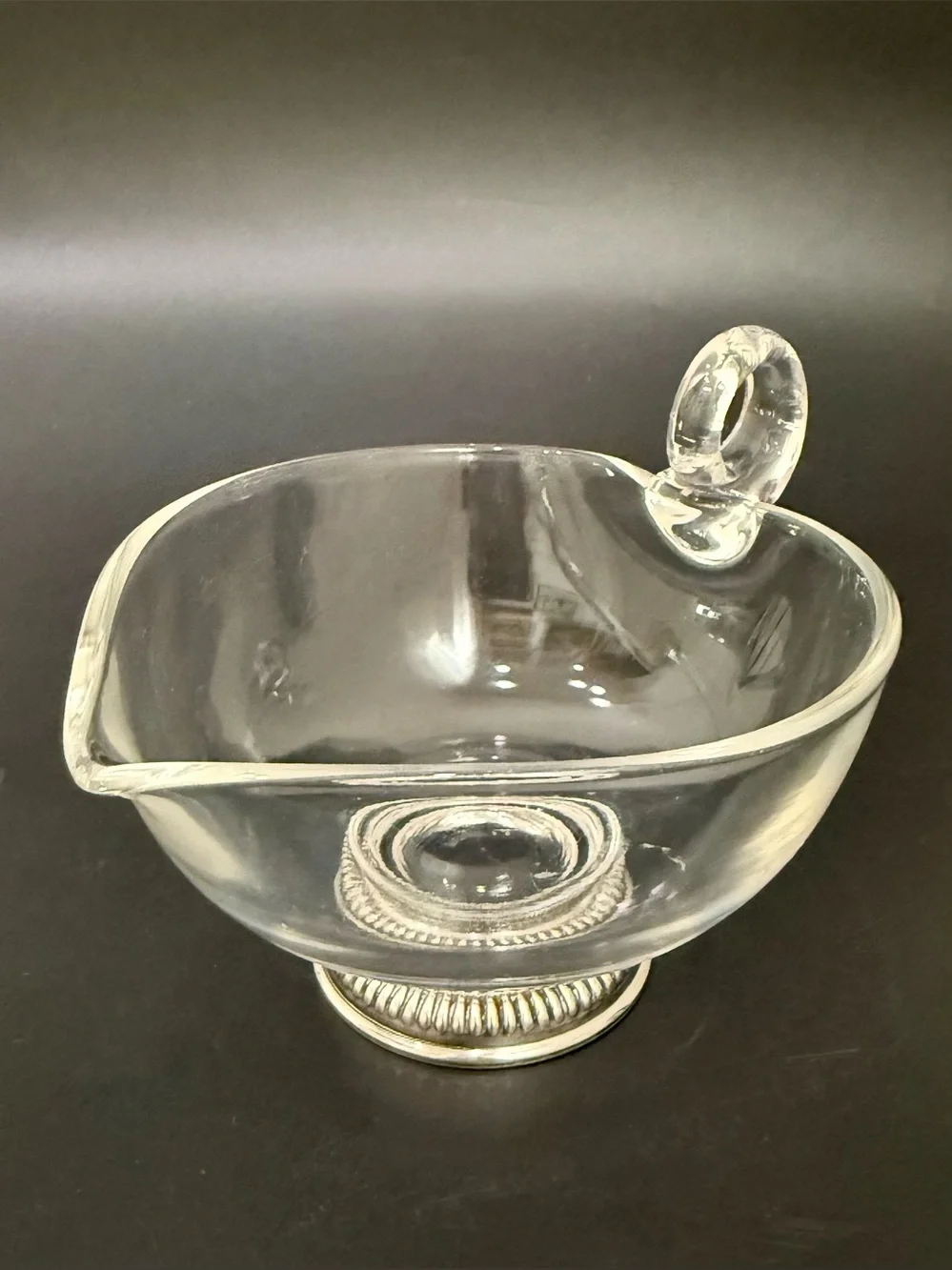 Vintage Ribbed STERLING Silver Base Clear Glass Gravy Boat Sauce Dish